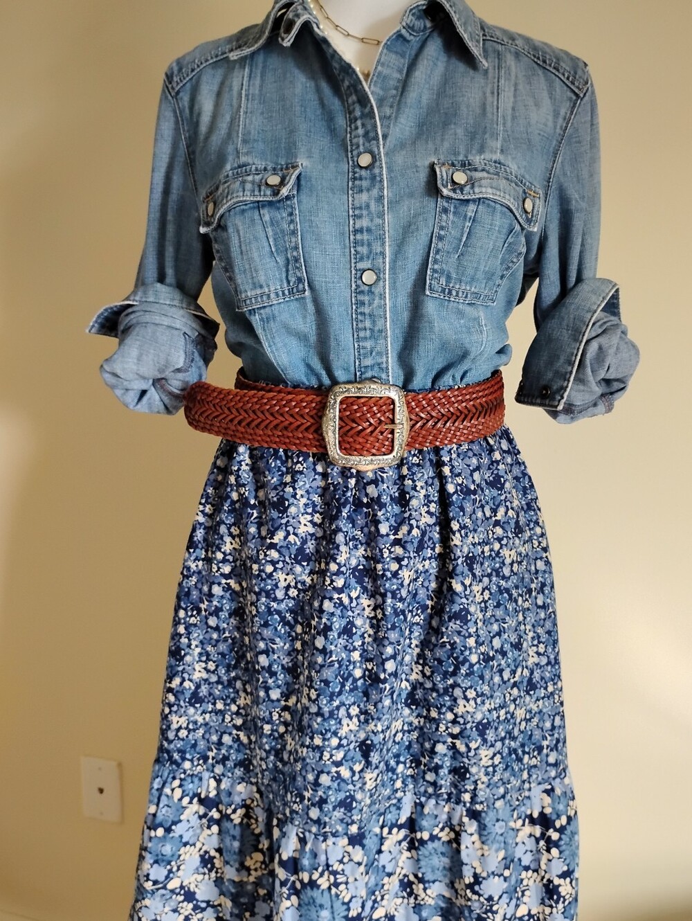 Liz Claiborne Cotton Ruffle Maxi Skirt Blue Floral Western Cottagecore Size XXS